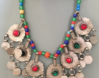 Old Berber Necklace Green/Red Colored Glass & Old Plastic Beads, South Marocco