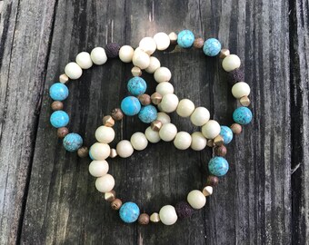 Turquoise Beaded Bracelets with Lava Stones