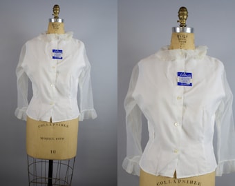 60s Ruffle Blouse / Vintage 1960s White Blouse / 60s White Blouse 38