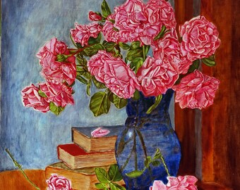 Still life. Roses in a vase. Oil painting on canvas. Flowers in a vase. Original picture. Beautiful still life