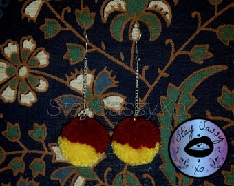 Deep Red & Mustard Mix Pom-Pom Drop Earrings