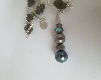 Robert Wan Tahitian pearl necklace pearl pendant, blue Tahitian pearl, silver Tahitian pearl sterling silver wire wrapped chain handmade