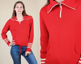 80s Zip Up Sweater // Vintage Striped Red Collared Sporty Pullover - Medium