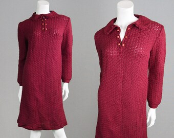 Vintage 60s Mod Dress Wool Shift Dress Knitted Dress Peter Pan Collar Crochet Dress 1960s Dress Cherry Red Knee Length Dress Sweater Dress