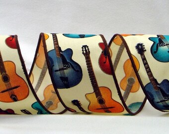 2.5 inch Wired Guitar Ribbon ~ Thick Cream Colored Ribbon with Guitars ~ 100% Cotton Ribbon for Wreaths, Crafts & Home Decor ~ 3 Yards