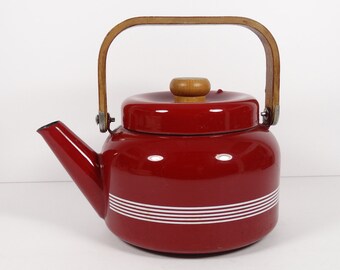 Red Enamel Tea Kettle, Vintage Enamel Red Wood Handle Striped Midcentury Tea Kettle, Kitchen Vintage Tea
