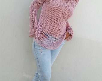 Blush pink sweater, summer loose knit, women knit sweater, pink sweater, summer sweater, hand knit pullover, pink pullover