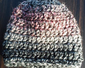Black/Gray/White/Pink Chunky Crochet Hat