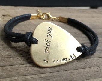 Guitar pick bracelet, guitar pick jewelry, hand stamped bracelet, personalized bracelet, boyfriend gift, husband, brother,dad gift for men
