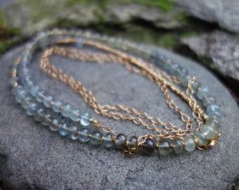 Moss Aquamarine Long Beaded Necklace, Gemstone Necklace, 24K Vermeil, Boho, Valentine Gift