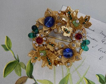 Signed Miriam Haskell Colorful Bad & Russian Gold Circle Pin or Brooch OCA10