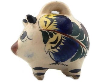 Vintage Piggy Bank, Pottery from Mexico, Floral Design, Miniature Piggy Bank, Hand Painted Piggy Bank