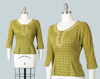 Vintage 1950s Blouse | 50s Floral Medallion Print Cotton Ric Rac Olive Green Top (small)