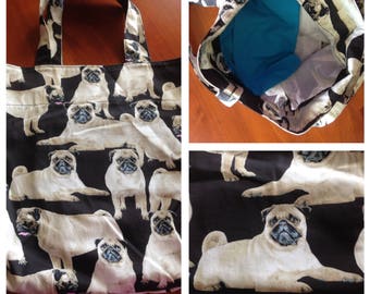 Tote Bag - Pug Print Tote Bag, 38 cm x 38 cm. Pug Dog, Weekend bag, Casual bag, Beach Bag, Reusable shopping bag, Gift for her.