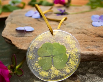 Four Leaf Clover Pendant In Resin - Suede String - Handmade
