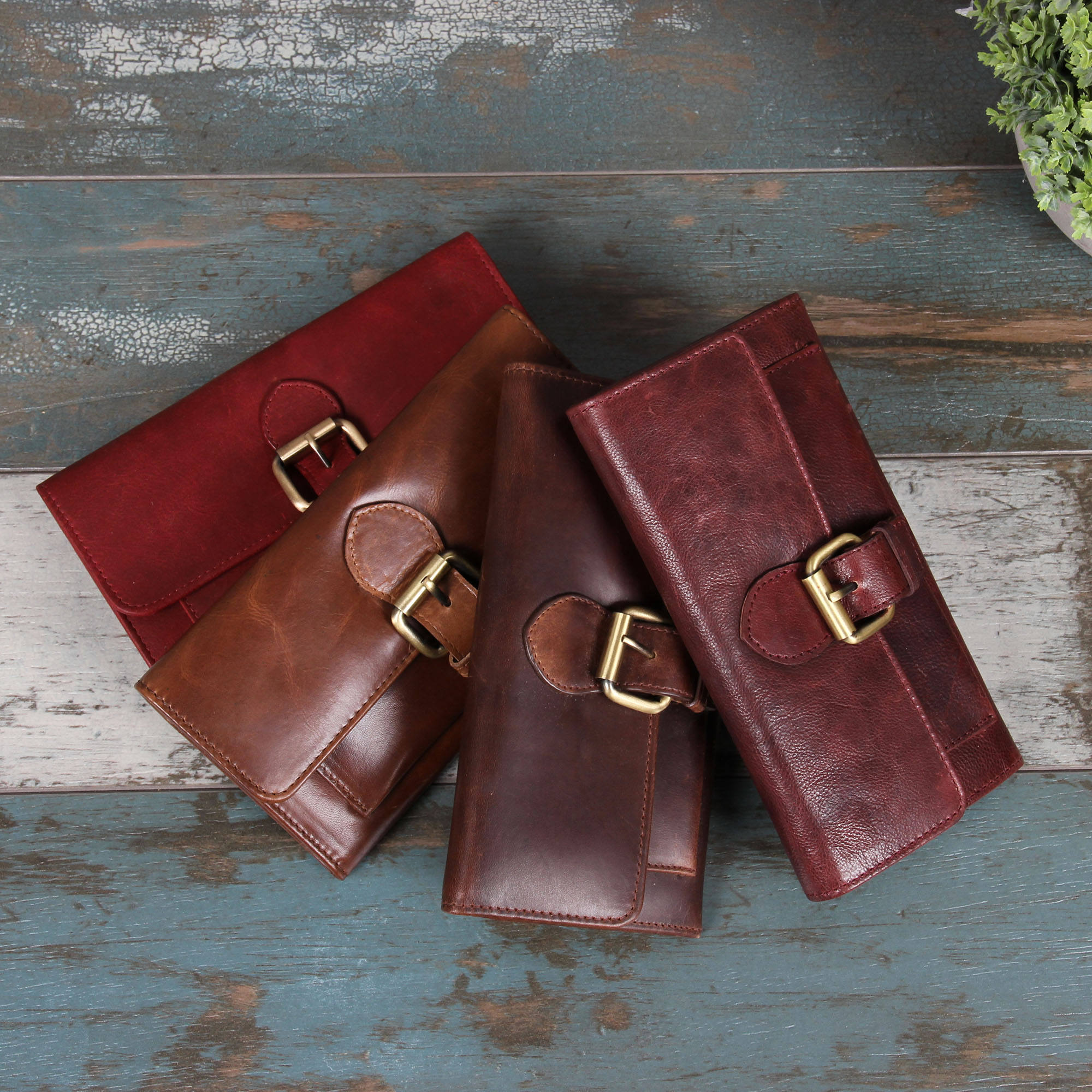 Ladies Leather Buckle Wallet Antique Brown Red Tan