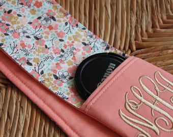Camera Strap Cover with Lens Cap Pocket Custom Made to Order with Monogram DSLR Digital Photography Photographer Unique Personalized Gift