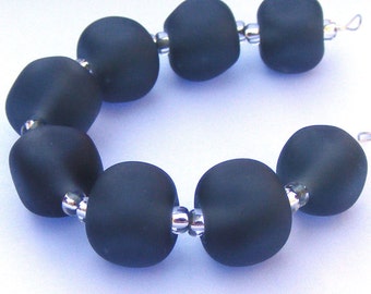 Handmade lampwork bead set of 8 charcoal gray etched matt finish beads