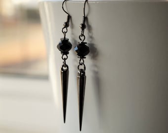 Black Crystal Gun Metal Spike Earrings, Gothic, Goth, Steampunk
