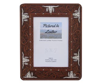 5x7 Longhorns leather picture frame, western frame, 5x7 western photo frame, steer skull, bull skull decor, ranch decor, leather cowboy gift