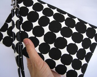 Wedding Clutch wristlet, 2 pockets,medium, cotton, bridesmaid gift - Black dots