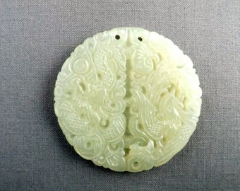 Jade Pendant Bead Carved Round Front Drilled White Destash #18-016