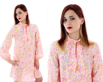 60s Mod Dress Pink Pasiley Psychedelic Abstract Tie Scarf Puffy Sleeves 1960s 70s Mini A-line Tent Retro Medium Small S M