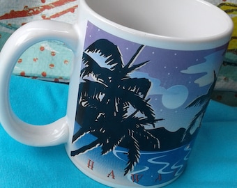 Vintage 1996 Hawaii Mug/Palm Trees/Ocean/ Ship/Sailboats