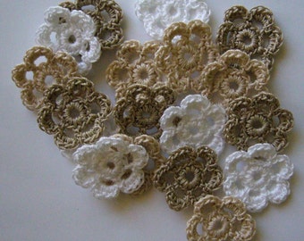 Mini Six Crocheted Flowers - White, Linen and Ecru - Cotton Flowers - Crocheted Flower Appliques - Flower Embellishments - Set of 6