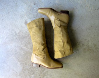 Vintage Tan Leather Boots 80s Tall Light Brown Suede Boots TOOLED Leather Fall Boho Hipster Cowgirl Equestrian Riding Boots Womens size 6