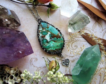 Statement Necklace "May" with beautiful natural chrysocolla & dotted sterling silver heart charm. Custom length stainless steel chain.