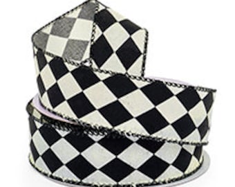 INSTOCK.....Whimsical Black and White Harlequin Diamond 1.5" wide Wired Cotton Ribbon....5 yards....