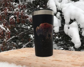 Hand Painted, Stainless Steel, Bison Travel Mug, Tumbler