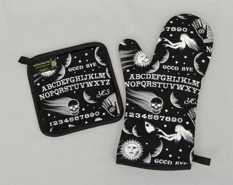 Ouija Board Oven Mitt and Pot Holder, Sets and Singles, Halloween Housewares, Black and White, Occult, Goth Punk Kitchen