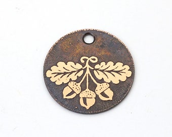 Copper oak leaves and acorns charm, small flat round handmade etched jewelry supply, 22mm