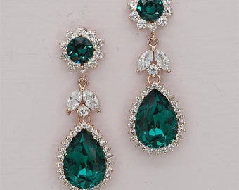 Emerald bridal Earrings Bridesmaid Gift Wedding Prom Pageant Party Swarovski teardrop emerald green rhinestone earrings Rose Gold and Silver