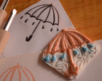 Umbrella- Unmounted Handcarved Rubber Stamp