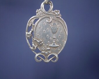Vintage Sterling Silver Art Nouveau First Communion Chalice Religious Medal Pendant from France May 2 1909 on 18 inch sterling rolo chain
