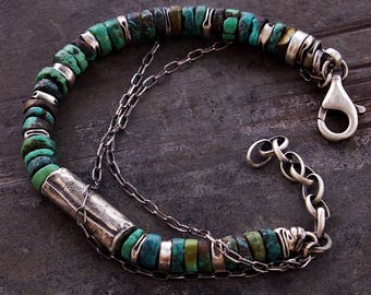 USE CODE - 15OFF • SALE 15% • raw sterling silver and natural turquoise bracelet • oxidized silver • gift for him • birthday gift for her