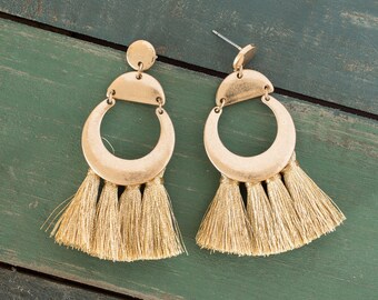 Gold tassel earrings, Gold geometric earrings, Gold earrings, Tassel earrings, Dangle earrings, Tassel stud earrings, Fan tassel earrings