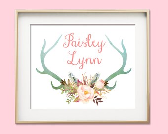 Personalized Boho Tribal Nursery Print, Boho Nursery, Custom Name Print, Baby Girl Nursery Wall Art, Deer Antler Print, Kids Room Decor