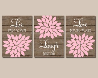 Pink Brown Nursery Wall Art, CANVAS or Prints Live Laugh Love, Baby Girl Nursery Decor, Flower Burst Set of 3 Faux Wood Planks, Bedroom Art