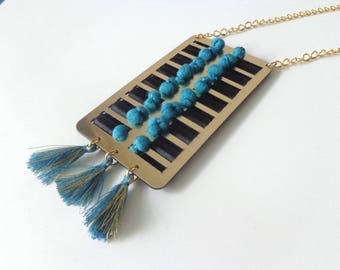 Blue tassel necklace, Tassel statement necklace, longer style blue gold tribal tassel necklace