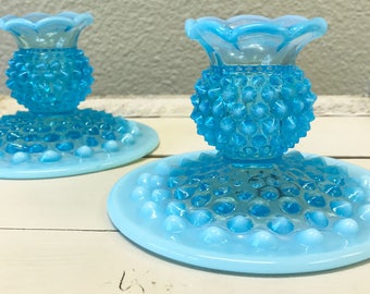 Fenton Blue Opalescent Hobnail Candlestick Holders
