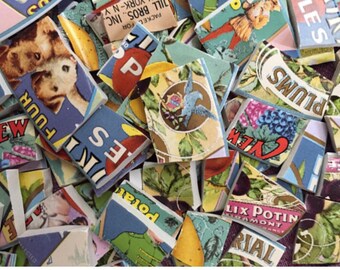 100 Mosaic Art Tiles Retro Animals Faces Mix Broken Plate Vintage Labels