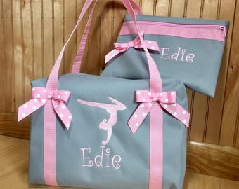 Ballet-Gymnastics duffle bag Personalized embroidered Gray duffle bag with pink straps and bows/Three sizes/ Gymnastics-Ballet-Dance-Cheer