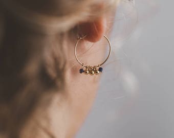 Creoles "Agapanthus" 20mm plated hypoallergenic gold 750/000 18 carat 3microns and semi precious lapis lazuli and gold beads