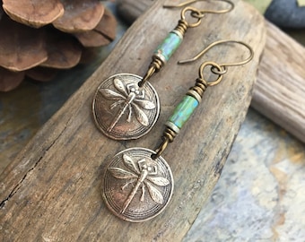 Dragonfly Earrings, Outlander Jewelry, Dragonfly Dangle Earrings, Czech Glass Beads, Pagan Jewelry, Bugs Insects, Mother's Day Gifts, Bronze