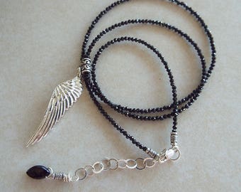 Sterling Angel Wing Black Spinel Faceted Gemstone Necklace