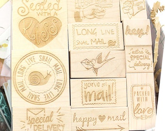 Happy Mail Engraved Wood Rubber Stamp Set, Happy Mail Stamps, Happy Mail Stamp Set, Snail Mail Stamps, 12-pc. Stamp Set in 5x5 Acetate Box